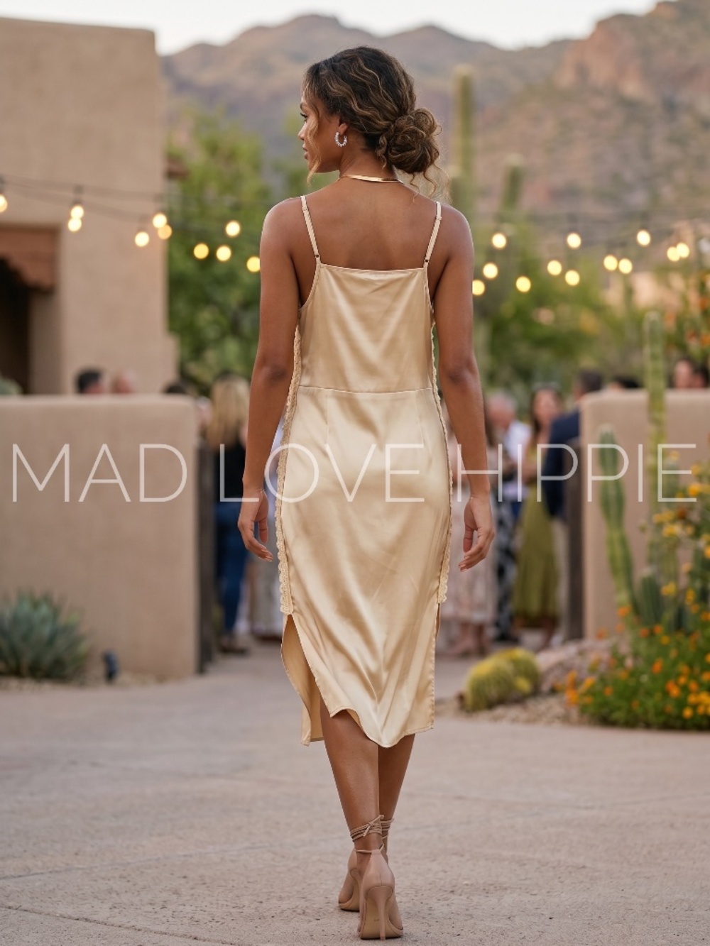 POL GoldChampagne Cowl Neck Midi Slip Dress | Lace Trim Draped Side Slit - Picture 5 of 6